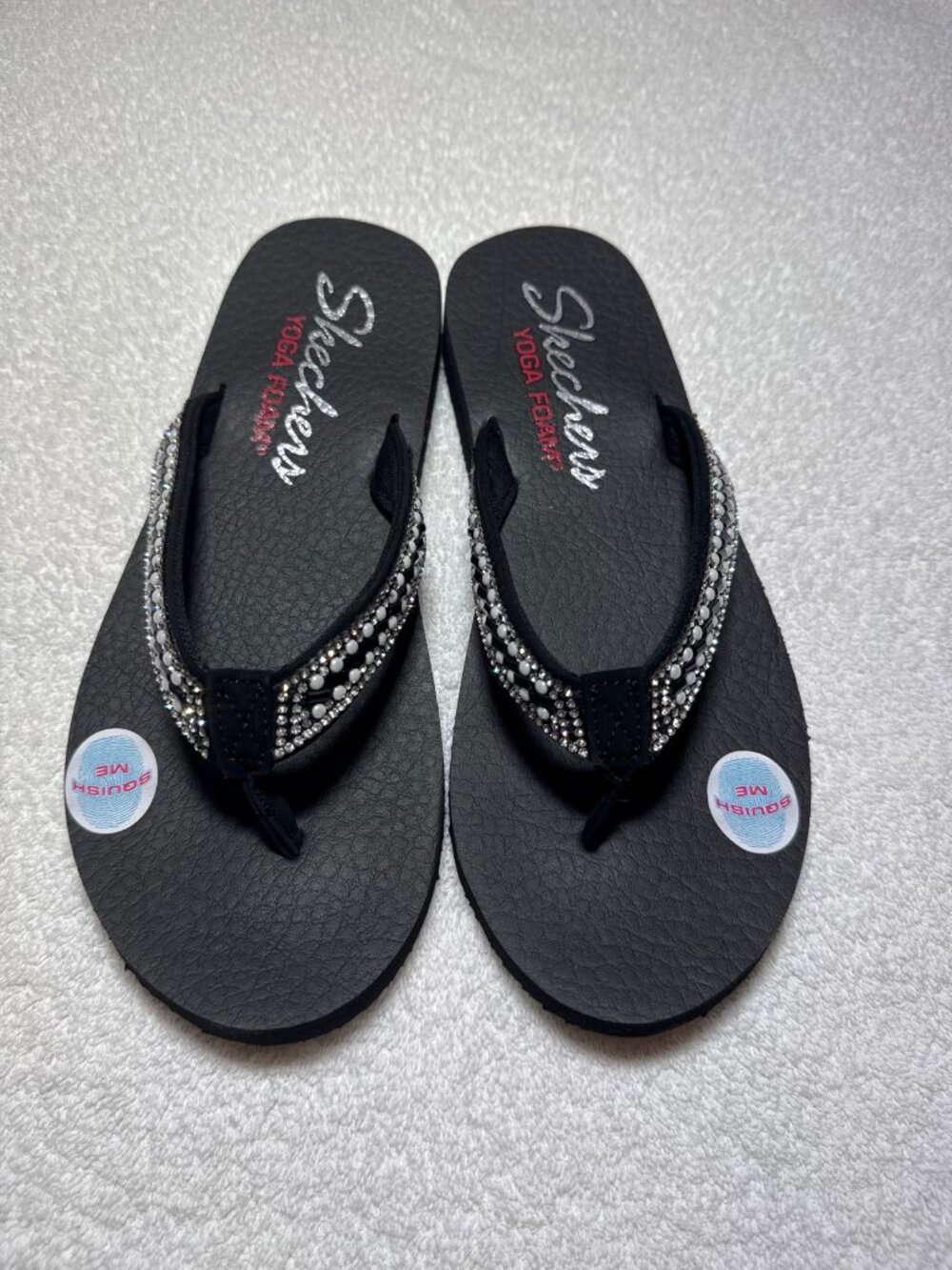 Skechers Meditation Cool Summer Flip Flops Size 9 Black Rhinestone Yoga Foam